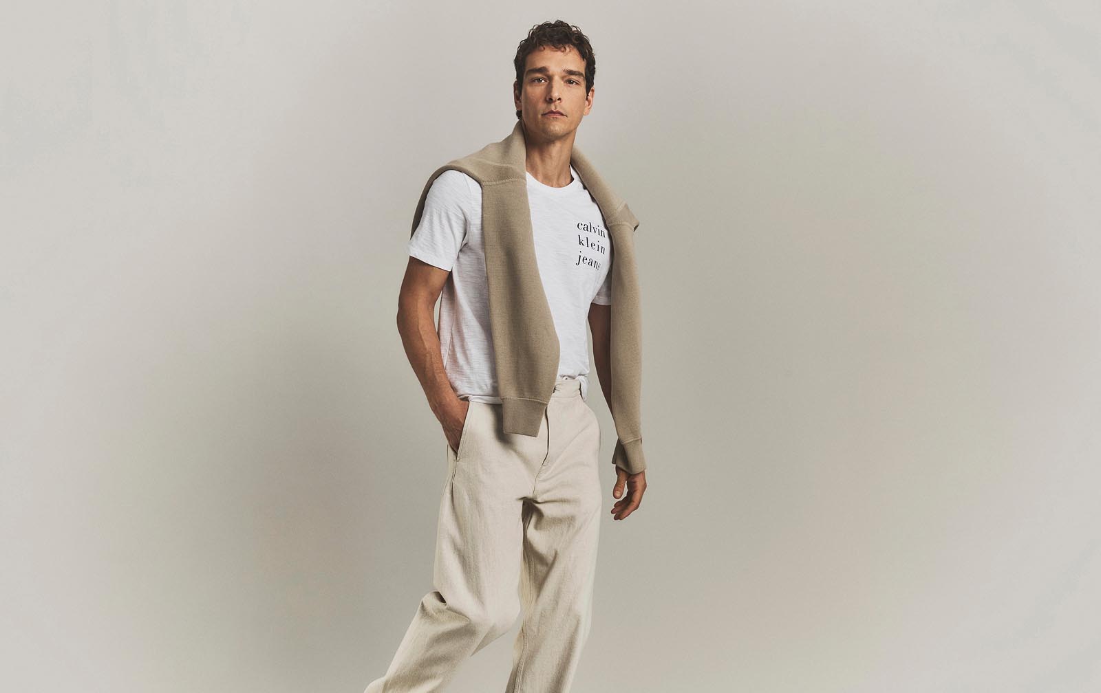 Model posing in spring Calvin Klein apparel