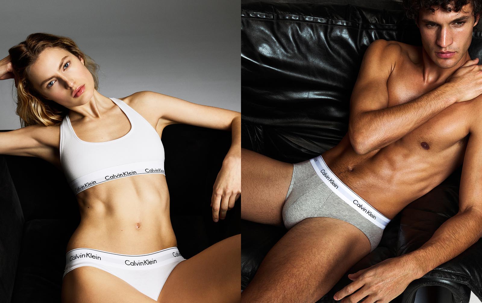 Female model posing in white Icon Cotton underwear set, and male model posing in grey briefs.