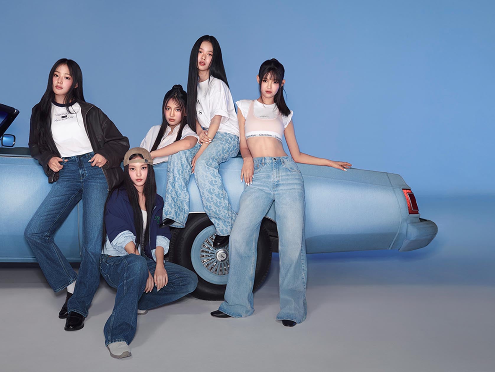 Hyein, Minji, Hanni, Haerin, and Danielle wearing Calvin Klein apparel