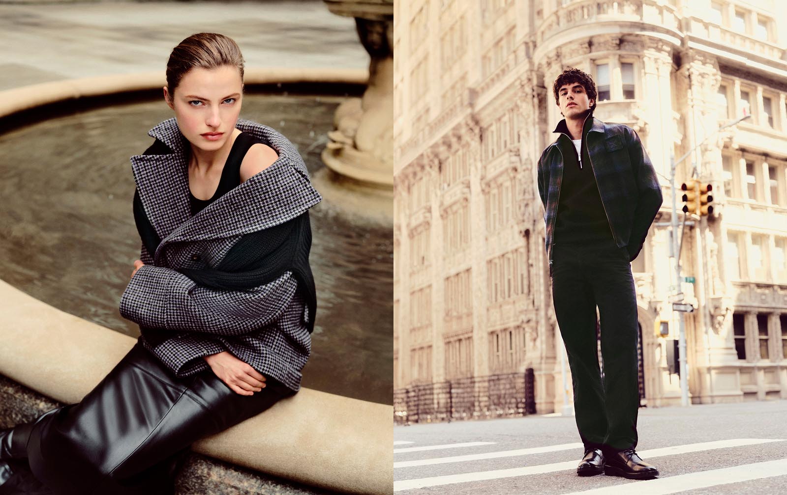Models posing in a city wearing Calvin Klein fall apparel
