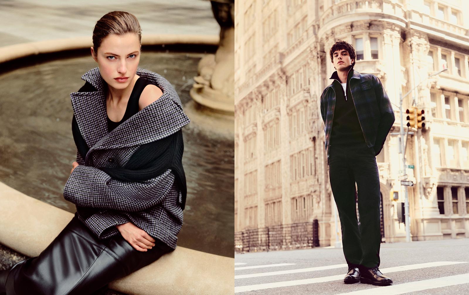 Models posing in a city wearing Calvin Klein fall apparel