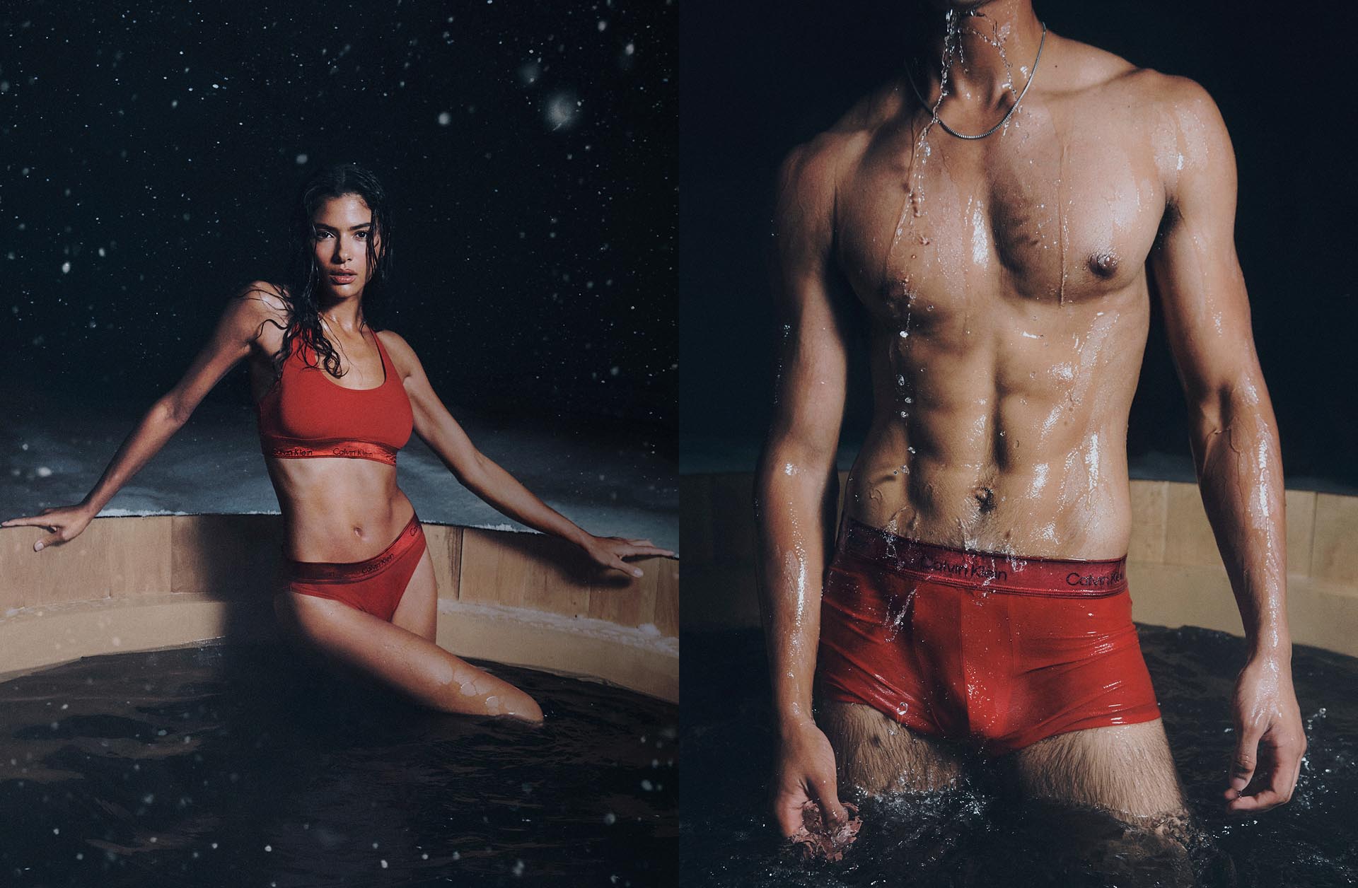 Models posing in red Calvin Klein holiday Underwear
