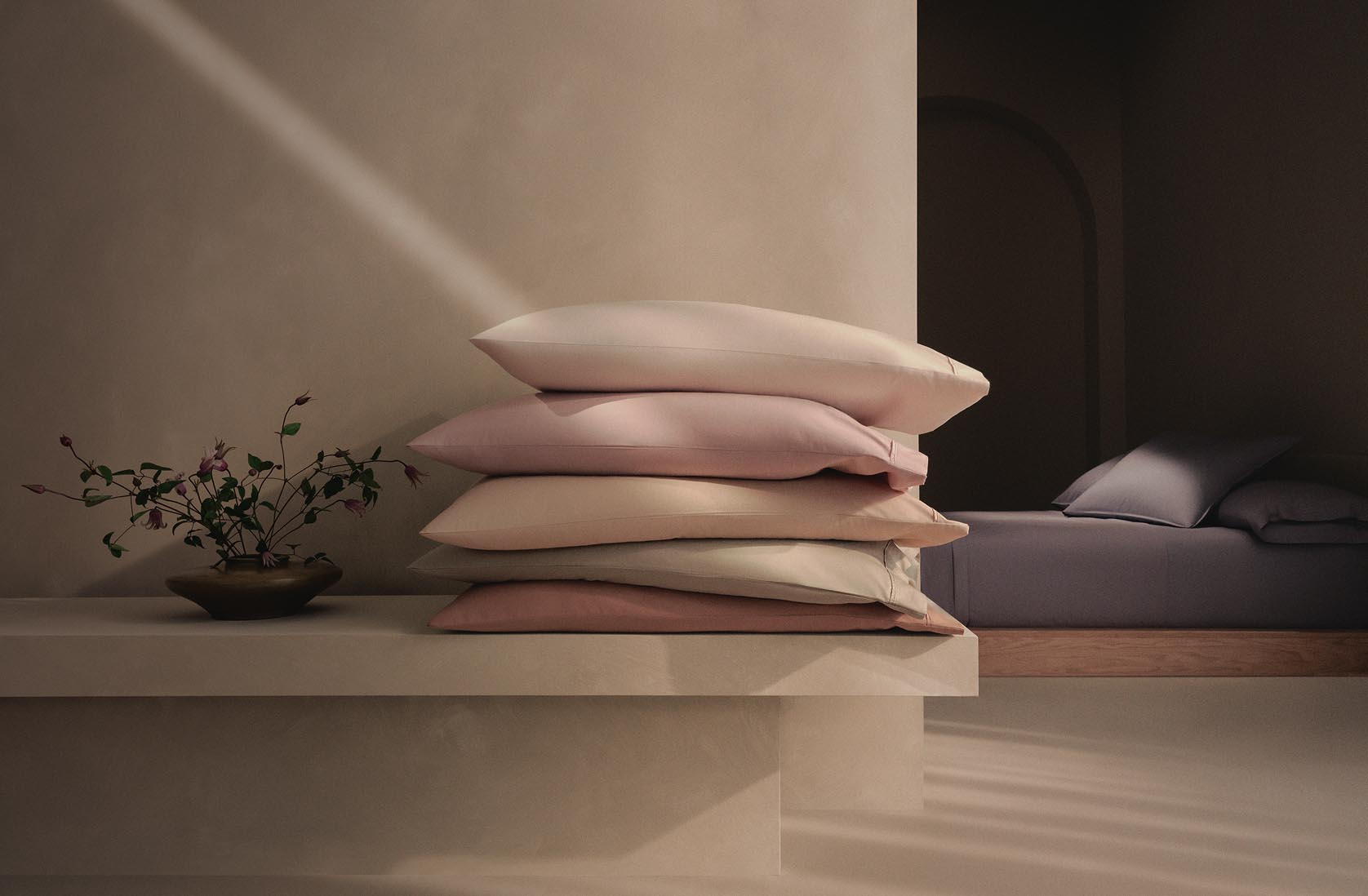 Still life image of a stack of shams