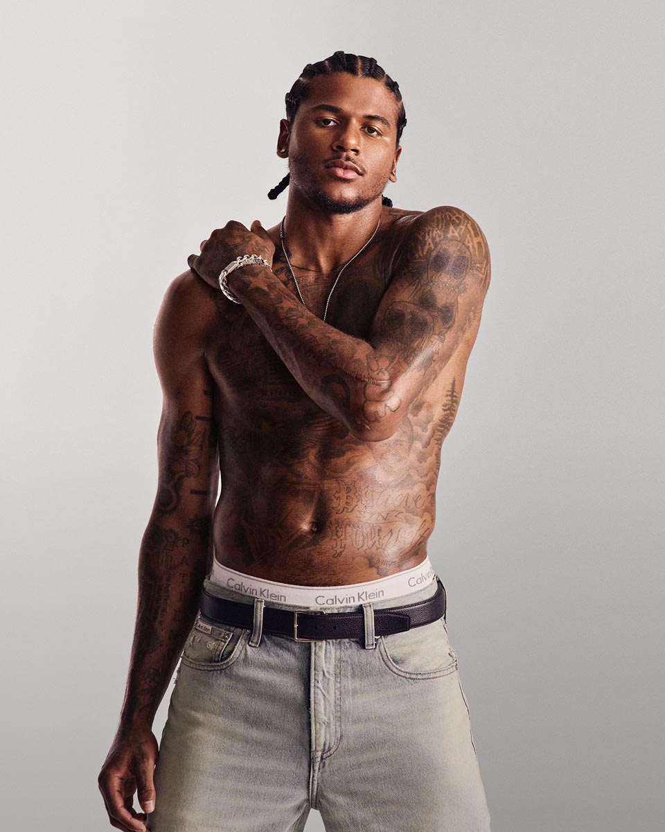Jalen Green posing in Calvin Klein denim and underwear