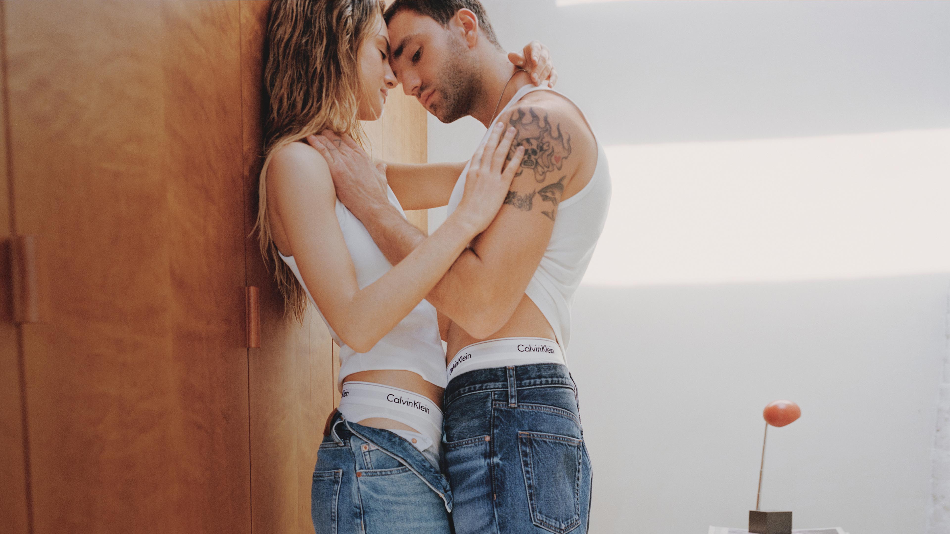 Grace Van Patten and Jackson White posing in Calvin Klein Valentine’s Day Underwear