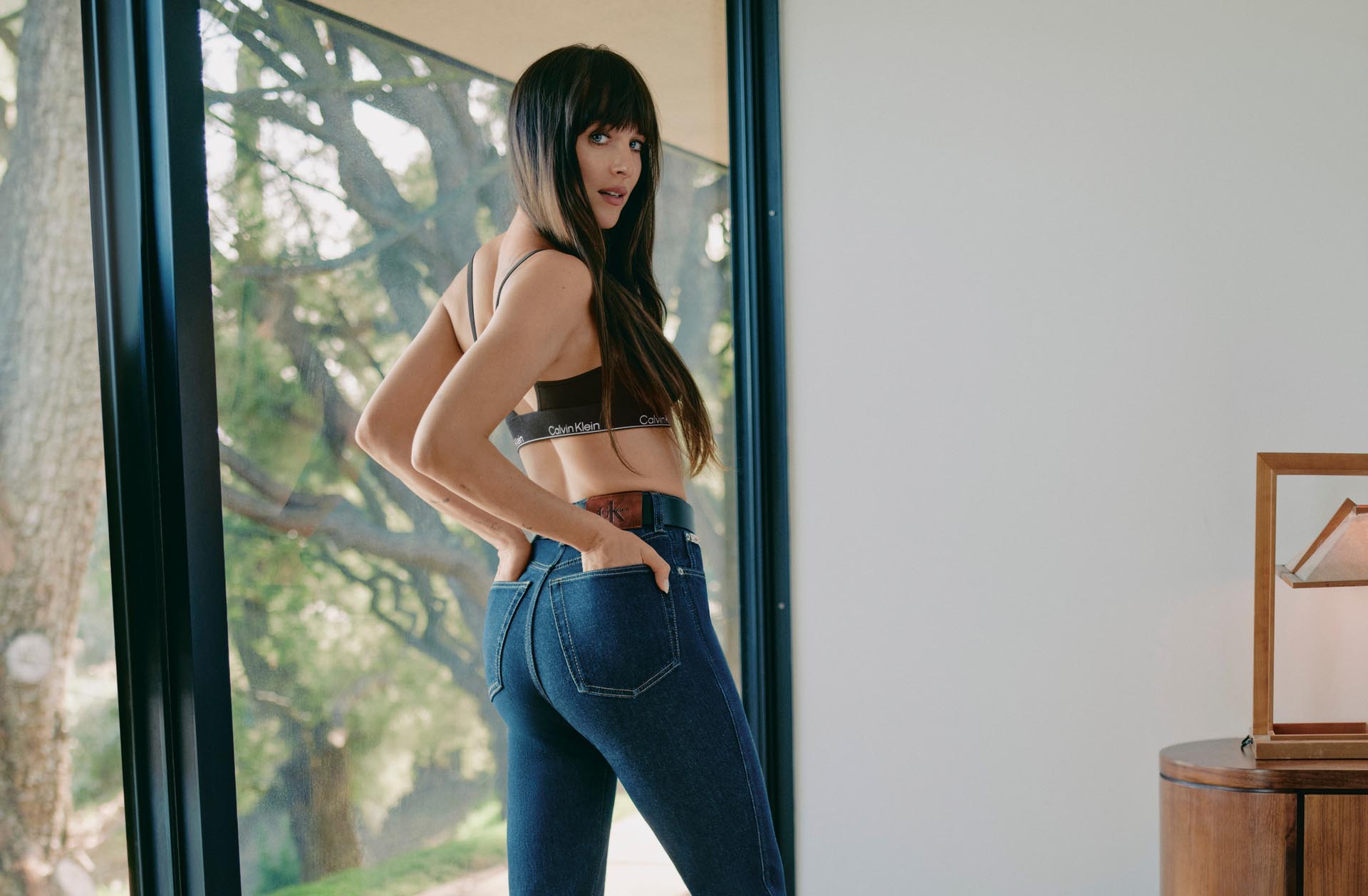 Dakota Johnson posing in Calvin Klein denim and underwear