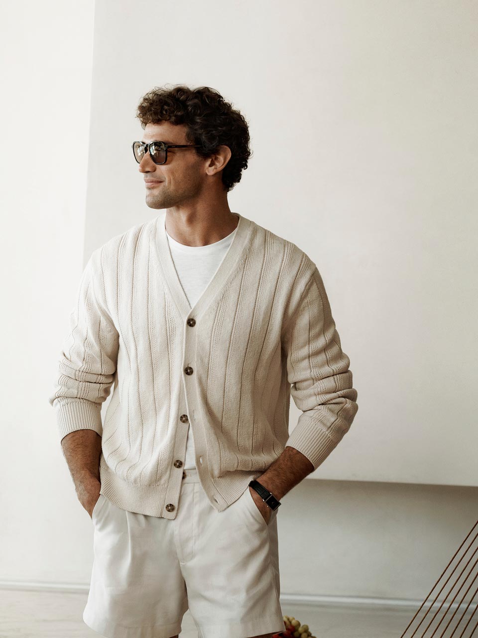 Model posing in a linen shorts