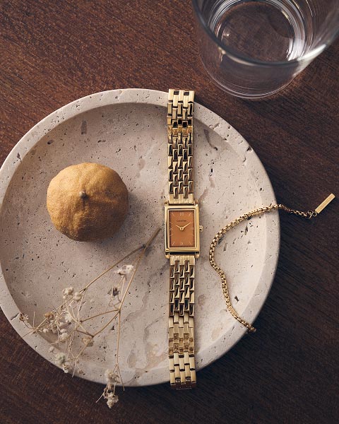 Still life image of a gold watch and bracelet