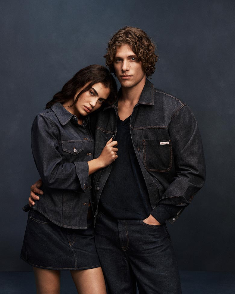 Model posing in the Pleated Trucker Jacket