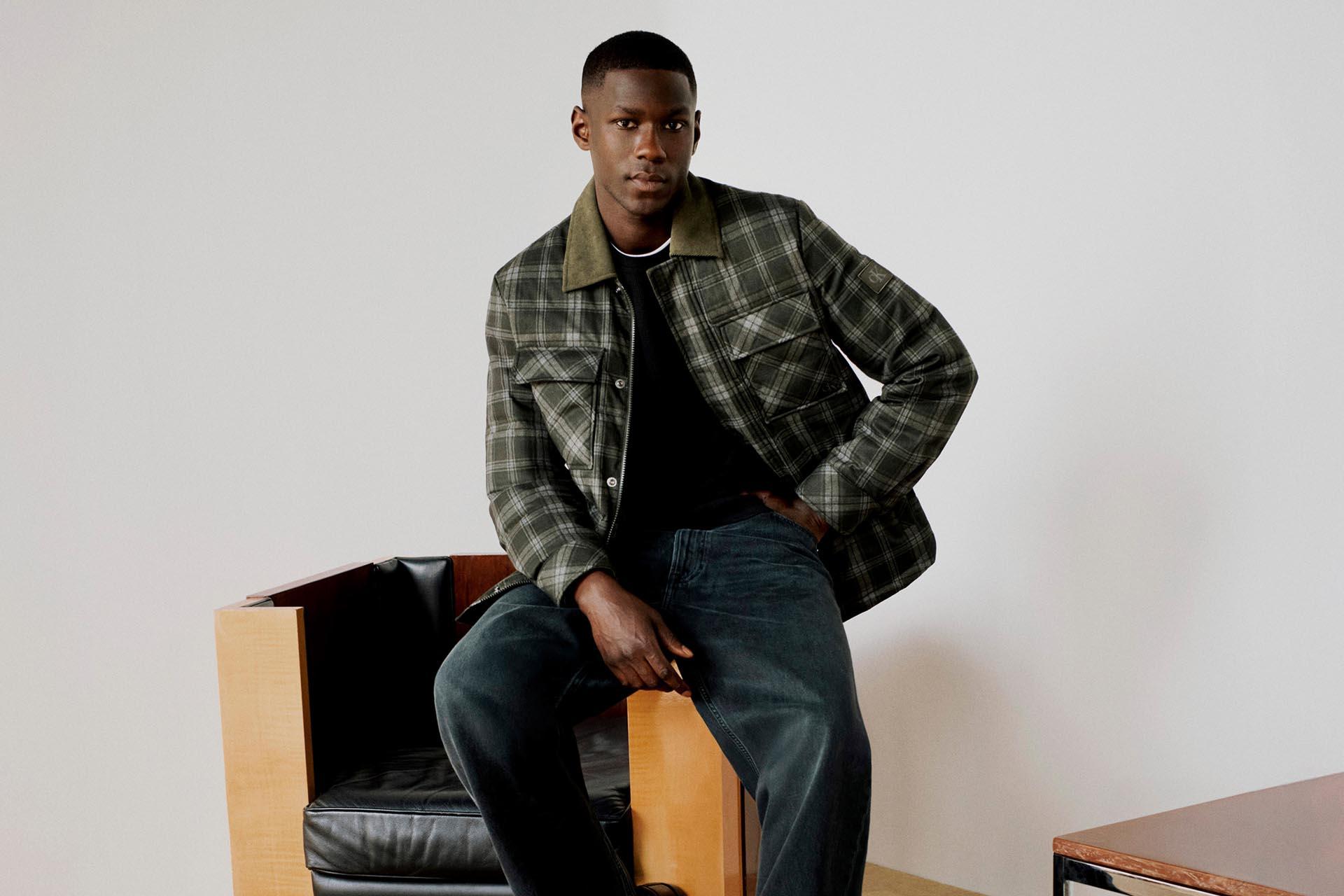 Model posing in a plaid jacket