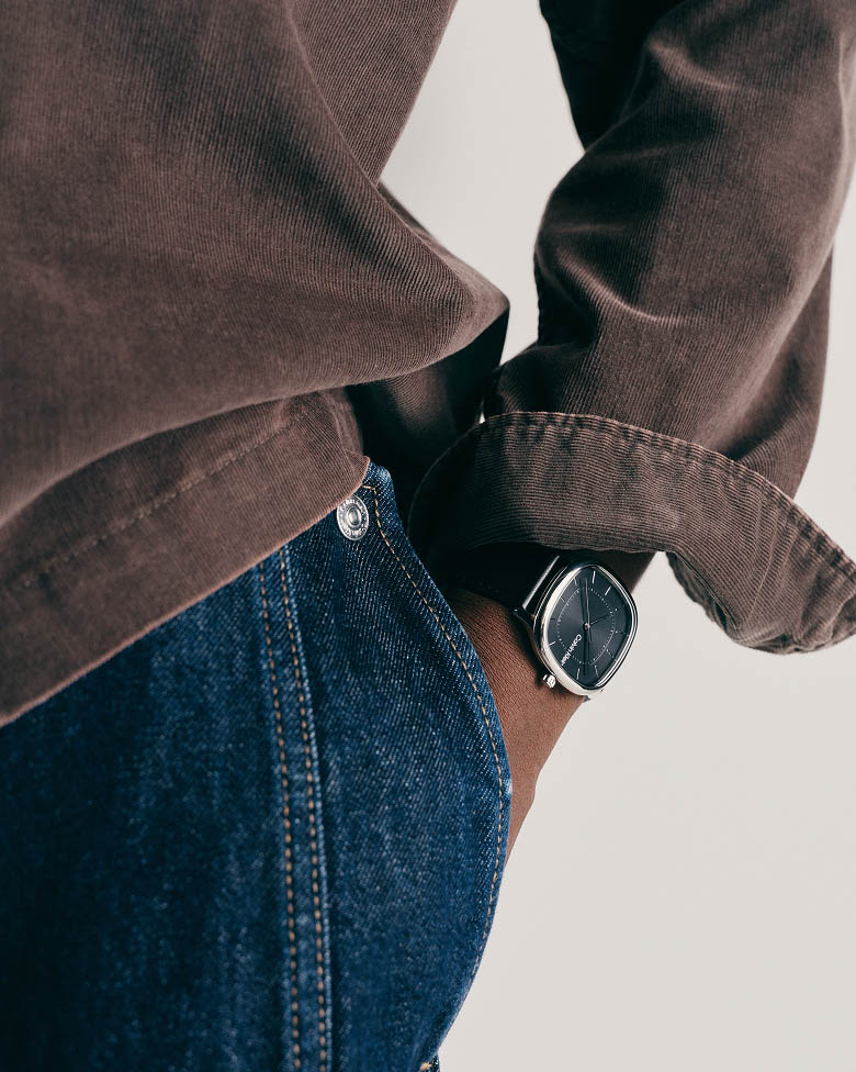 Close up image of a black watch on a wrist