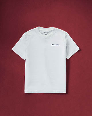 Still life image of white logo t-shirt