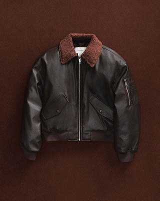 Still life image of a black bomber jacket