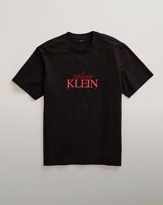 Still life image of black logo t-shirt