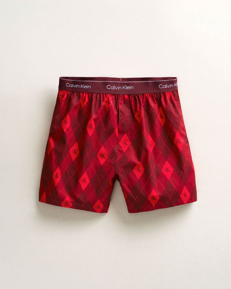 Still life image of red plaid boxer briefs