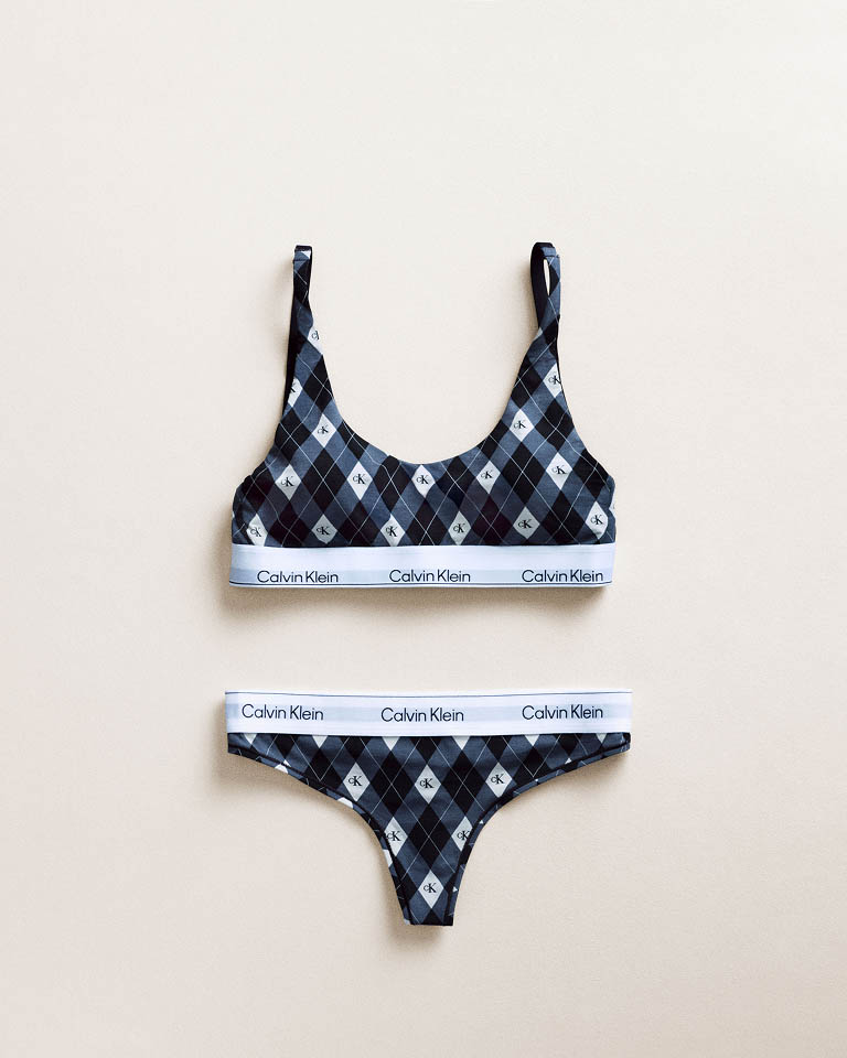 Still life image of a matching blue plaid bralette and thong